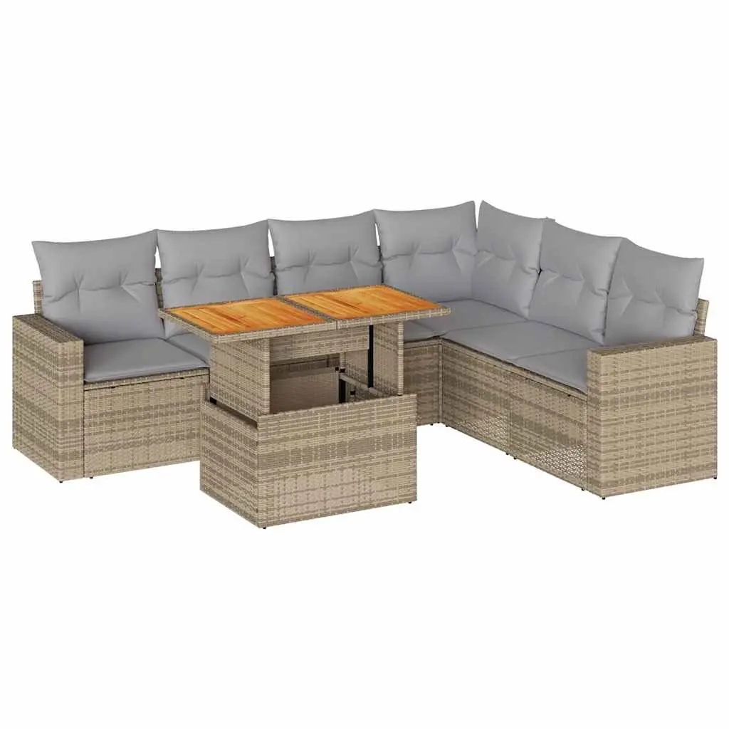 7 Piece Garden Sofa Set Outdoor Furniture Adjustable Tabletop Beige Poly Rattan