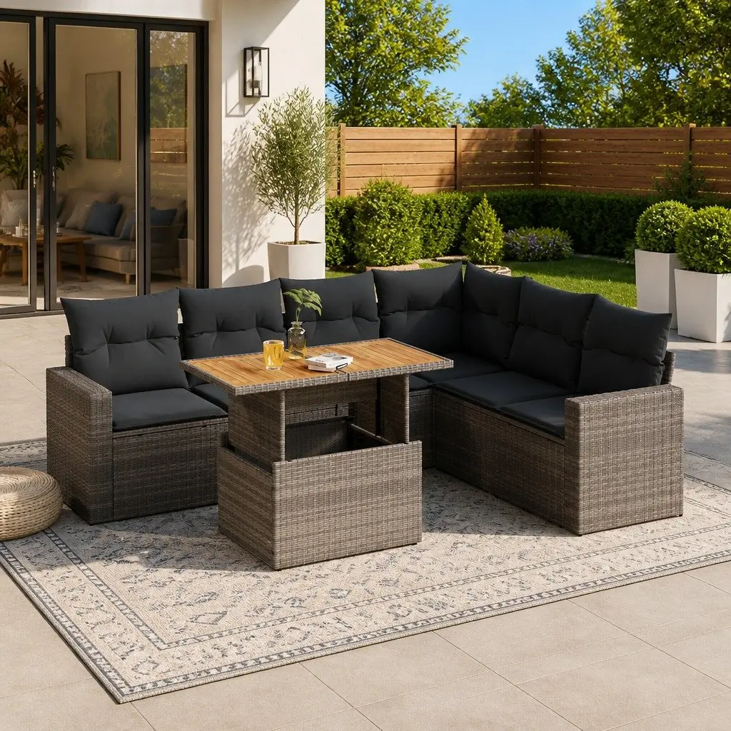 Outdoor Furniture Sofa Set 7 Piece Modular Grey Poly Rattan with Adjustable Table and Storage Space
