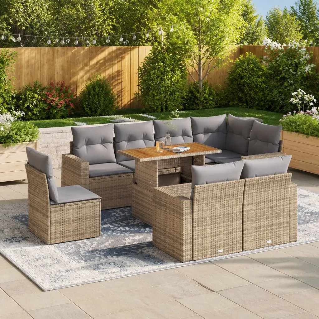 Garden Sofa Set 9 Piece Outdoor Furniture Modular Beige Poly Rattan with Cushions