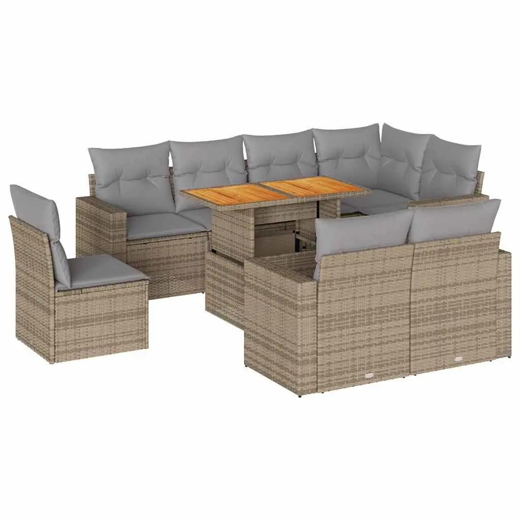 Garden Sofa Set 9 Piece Outdoor Furniture Modular Beige Poly Rattan with Cushions