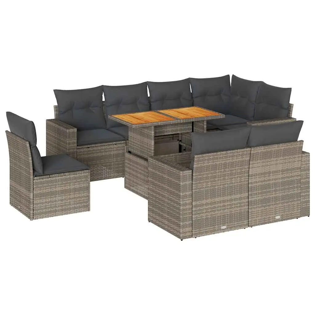 9 Piece Garden Sofa Set Grey Poly Rattan Outdoor Furniture with Cushions