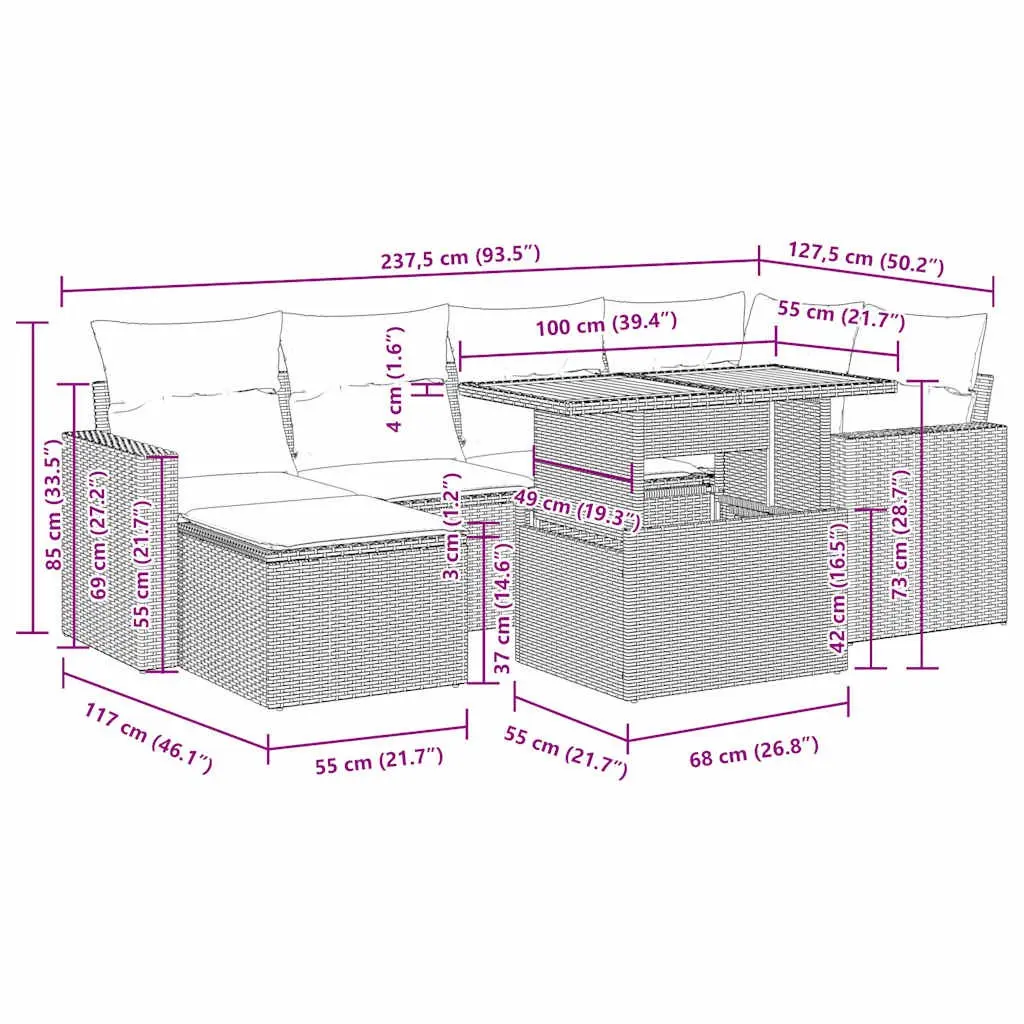 7 Piece Garden Sofa Set Black Outdoor Furniture Patio Sectional with Cushions