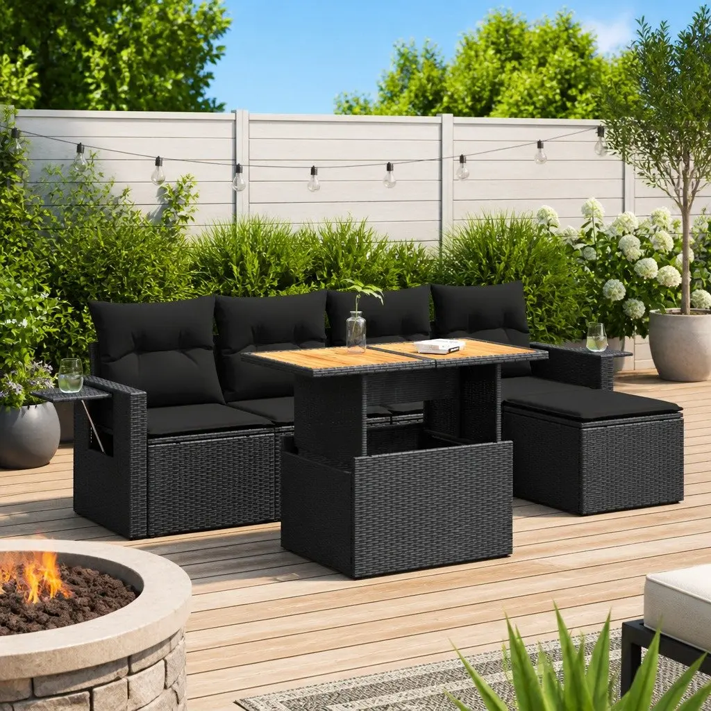 Garden Sofa Set 6 Piece Outdoor Furniture Black PE Rattan Modular Seating
