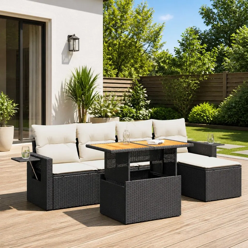 Garden Sofa Set Modular Outdoor Furniture 6 Piece Black PE Rattan