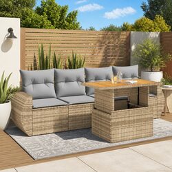Garden Sofa Set 5 Piece Outdoor Furniture Patio Beige Poly Rattan with Cushions