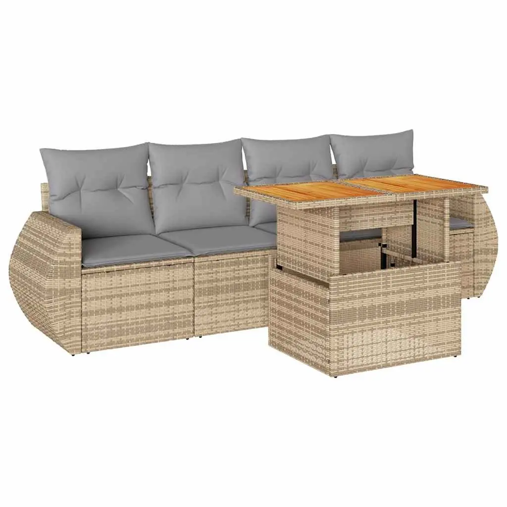 Garden Sofa Set 5 Piece Outdoor Furniture Patio Beige Poly Rattan with Cushions