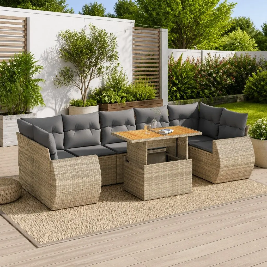 Garden Sofa Set 8 Piece Outdoor Furniture Beige PE Rattan Modular Patio Seating Suite