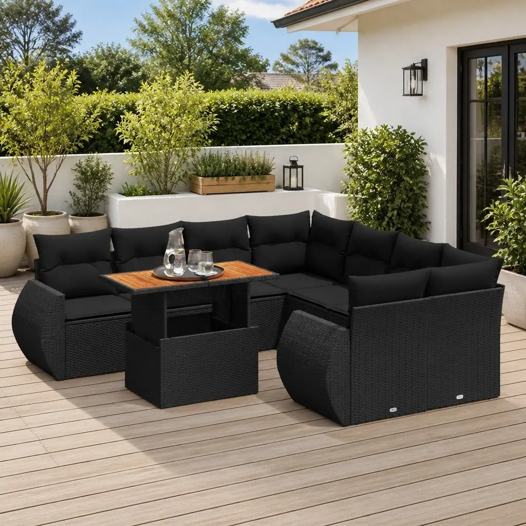 Garden Sofa Set 9 Piece Outdoor Furniture Patio Rattan Sectional with Cushions Black