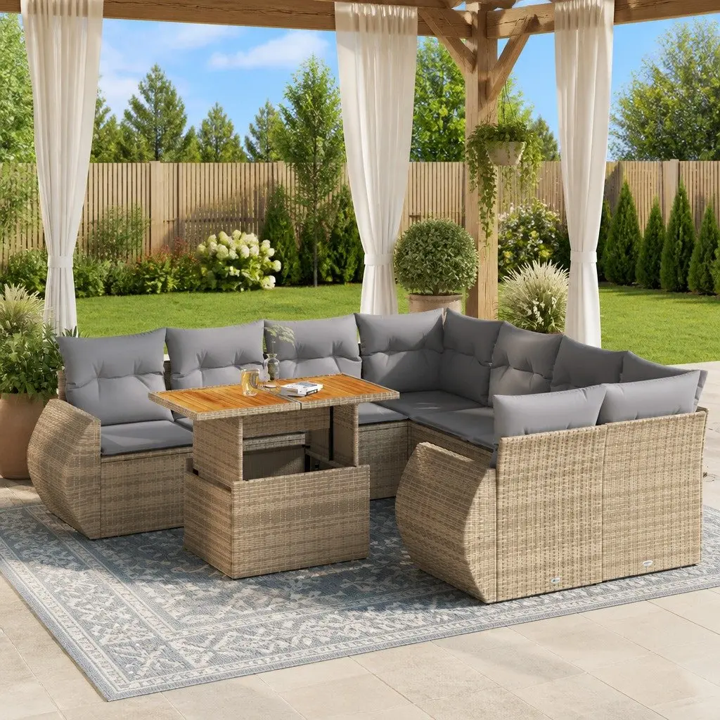 9 Piece Beige Outdoor Sofa Set with Storage