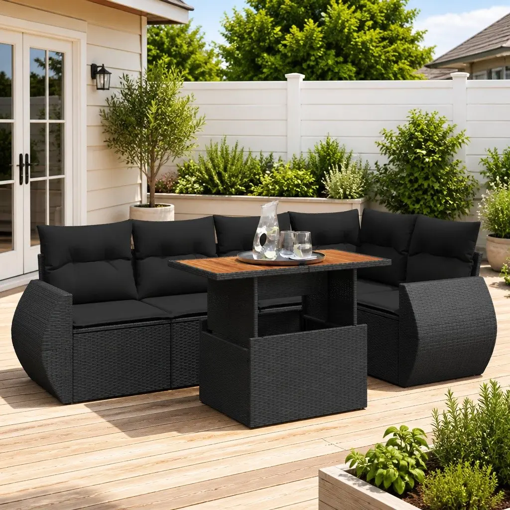 Garden Sofa Set Modular Outdoor Furniture 6 Piece Black Poly Rattan