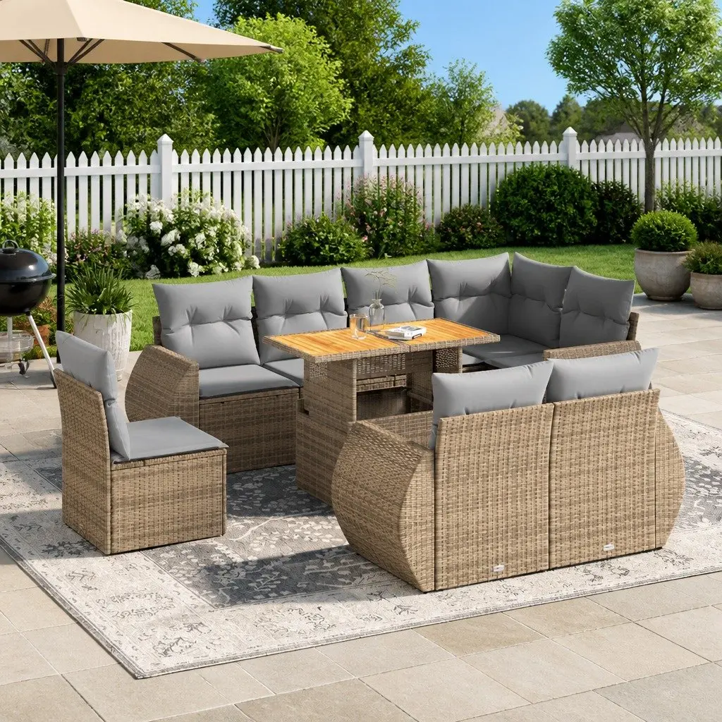 Garden Sofa Set 9 Piece Outdoor Furniture Beige Poly Rattan Patio Lounge