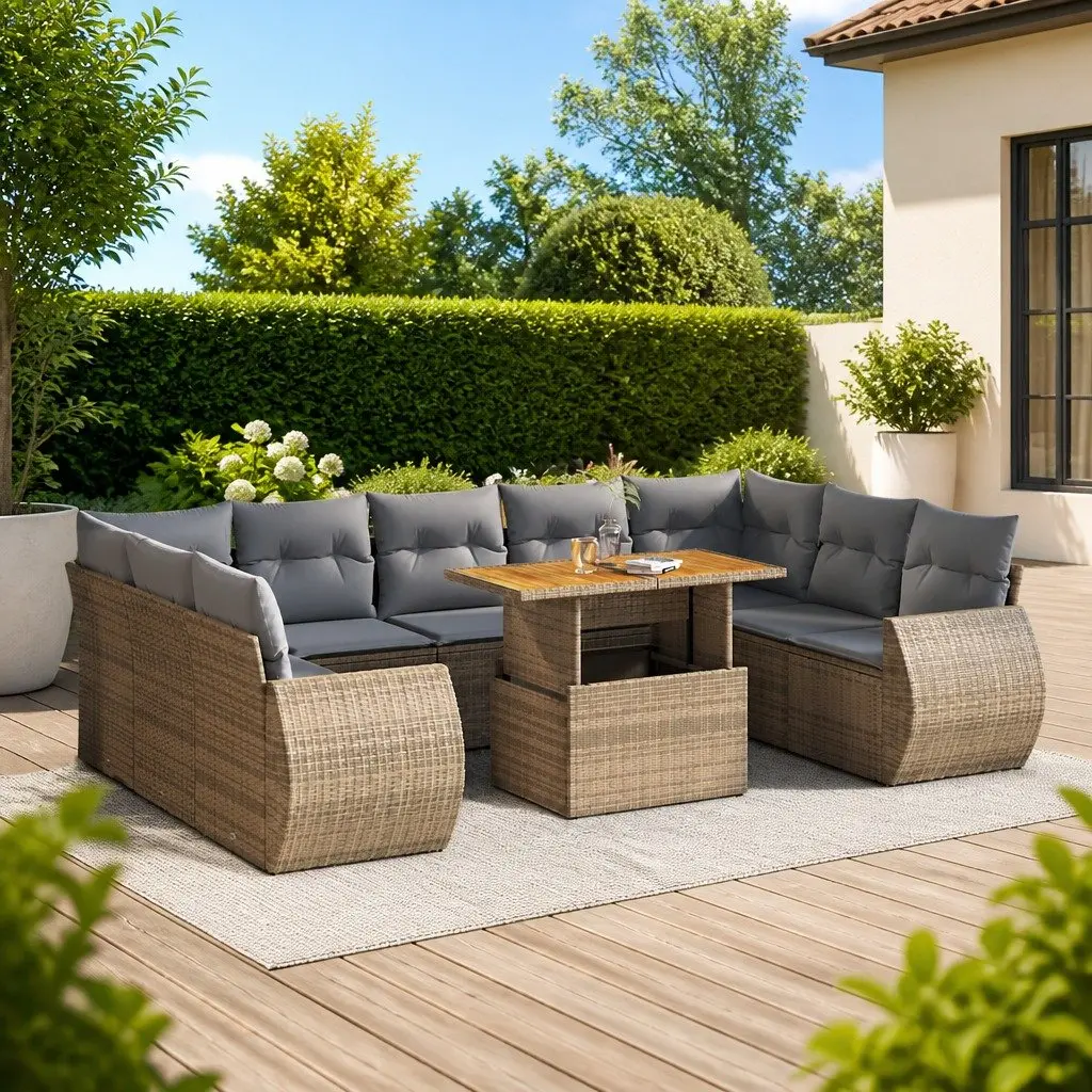 Garden Sofa Set 10 Piece Outdoor Furniture Patio Lounge Beige PE Rattan