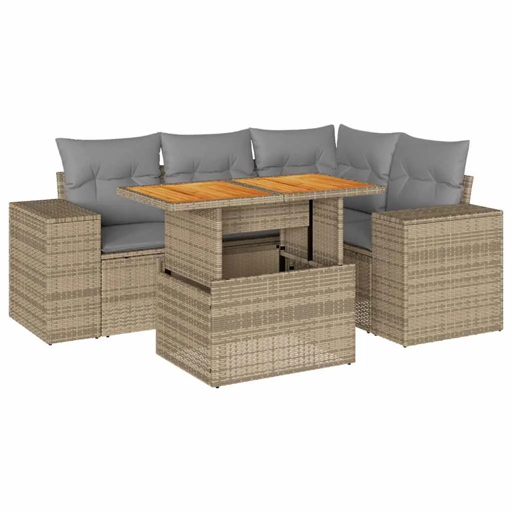 Garden Sofa Set 5 Piece Outdoor Furniture Modular Beige PE Rattan Patio Seating