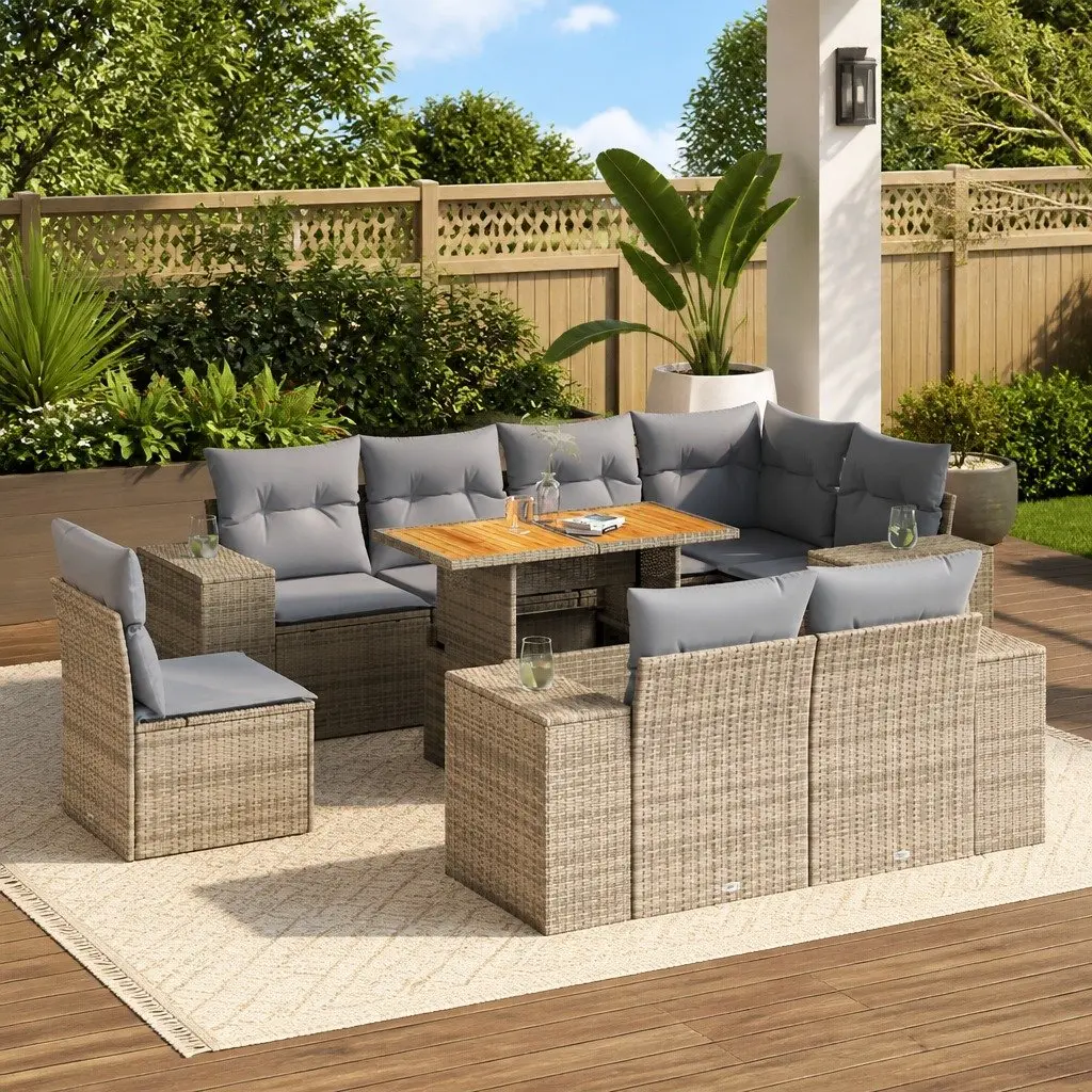 Garden Sofa Set 9 Piece Outdoor Furniture Patio Beige Poly Rattan Modular