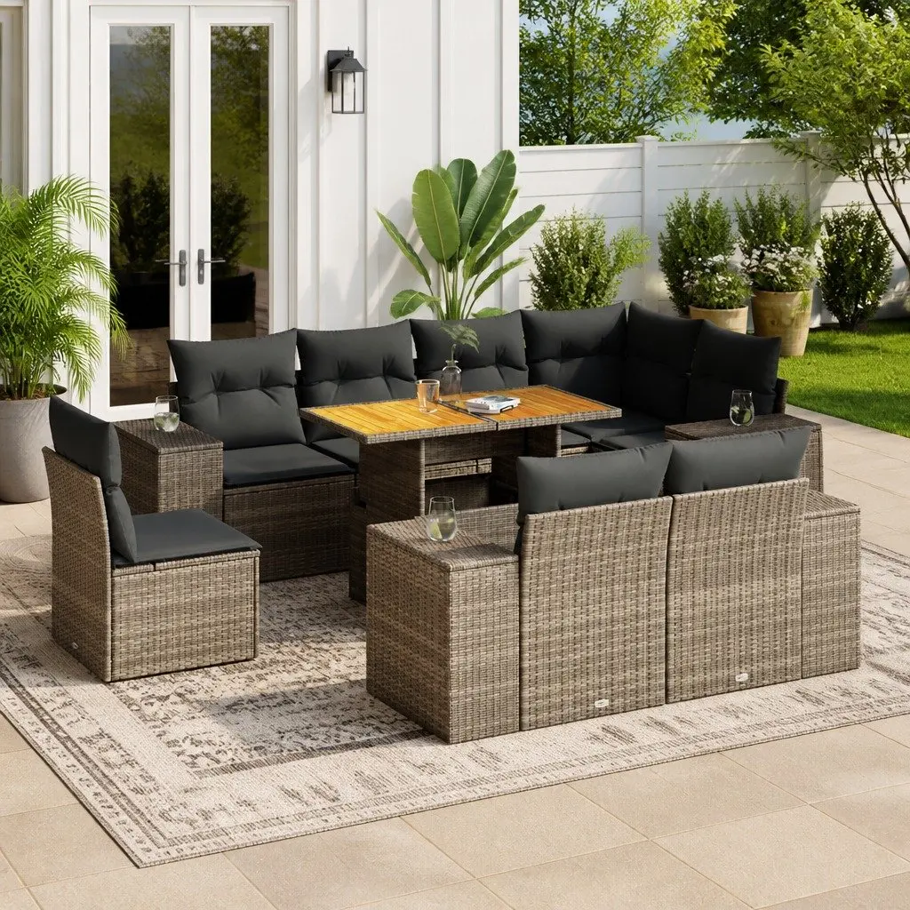 9-Piece Grey Rattan Outdoor Sofa Set
