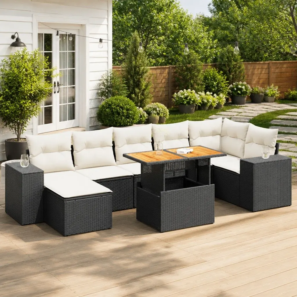 Outdoor Sofa Set 8 Piece Modular Patio Lounge Black PE Rattan