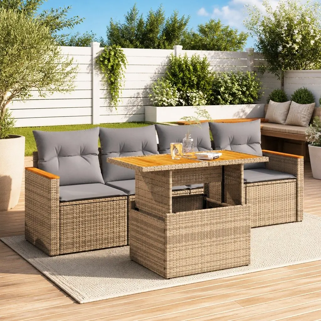 Garden Sofa Set Modular Outdoor Furniture 5 Piece Beige Poly Rattan