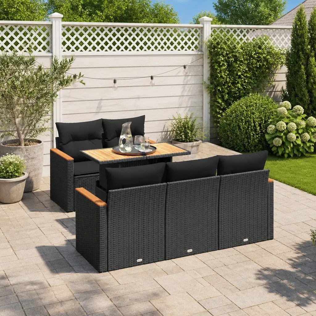 Garden Sofa Set 6 Piece Outdoor Furniture Patio Black Poly Rattan with Cushions