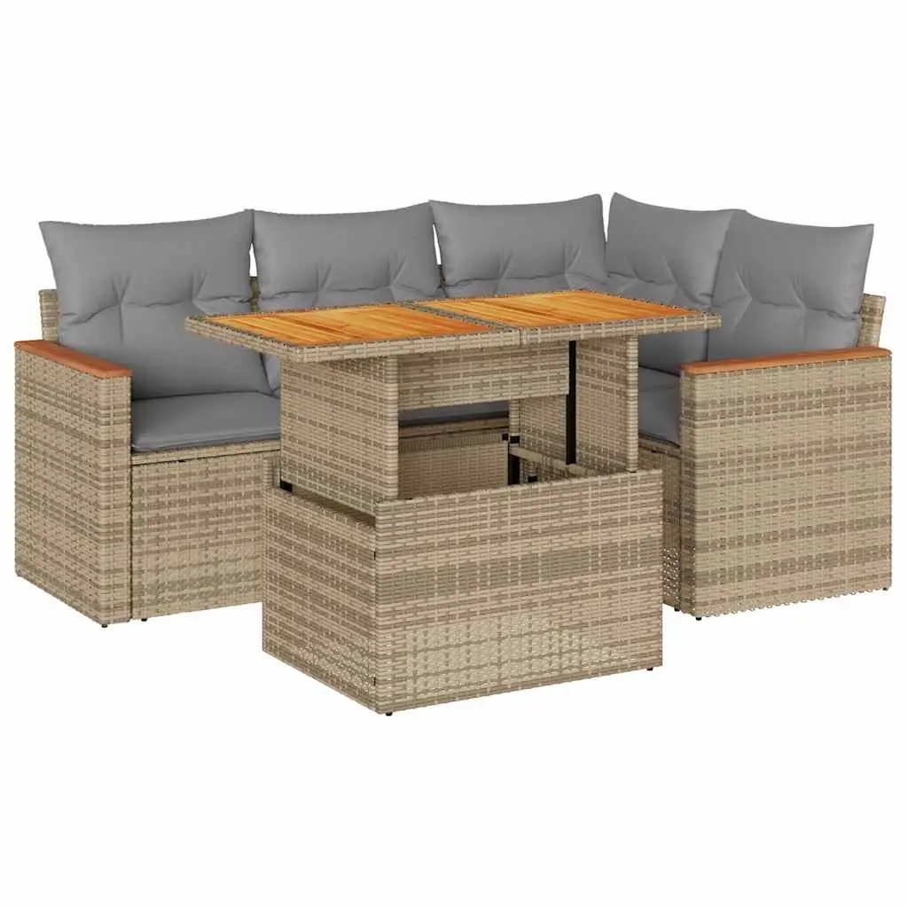 Garden Sofa Set 5 Piece Outdoor Furniture Beige Poly Rattan Modular