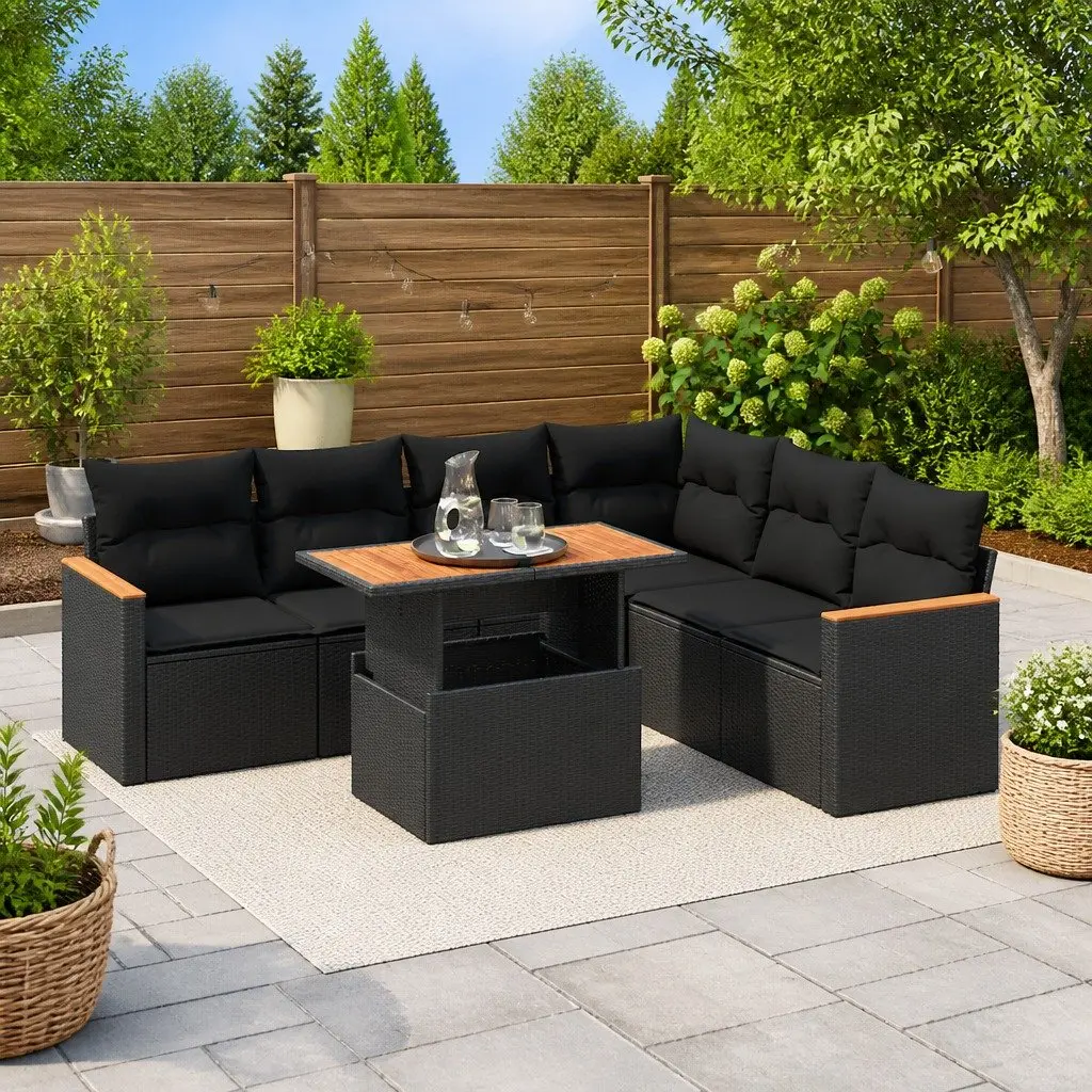7 Piece Outdoor Garden Sofa Set Black PE Rattan Patio Furniture with Cushions