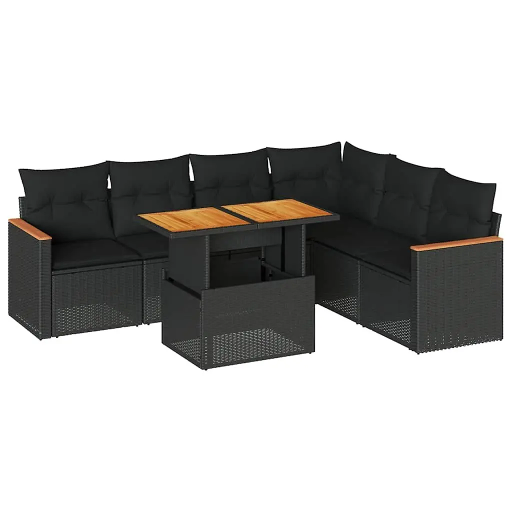 7 Piece Outdoor Garden Sofa Set Black PE Rattan Patio Furniture with Cushions