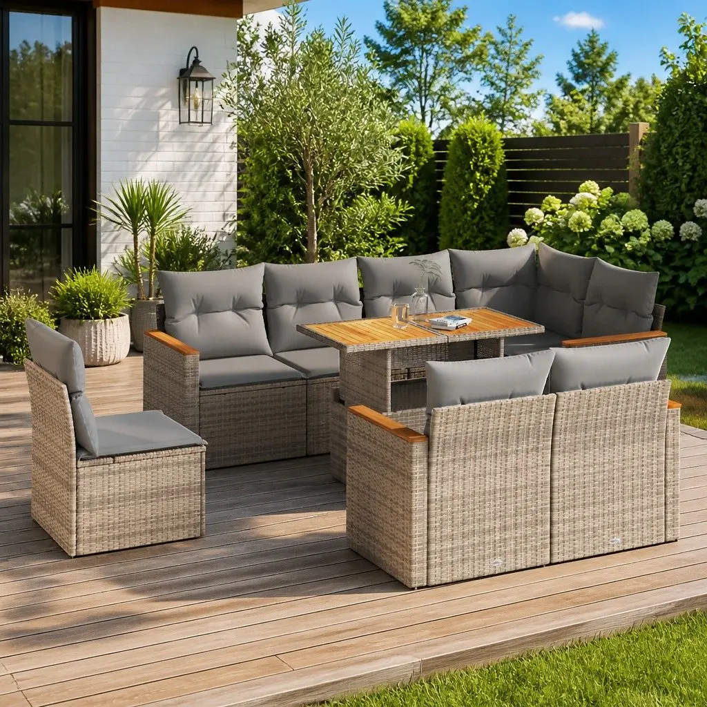 Garden Sofa Set 9 Piece Outdoor Furniture Beige Poly Rattan Patio Lounge