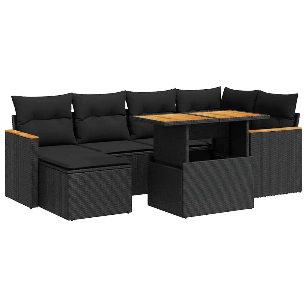 7 Piece Modular Outdoor Garden Sofa Set with Cushions Black Poly Rattan
