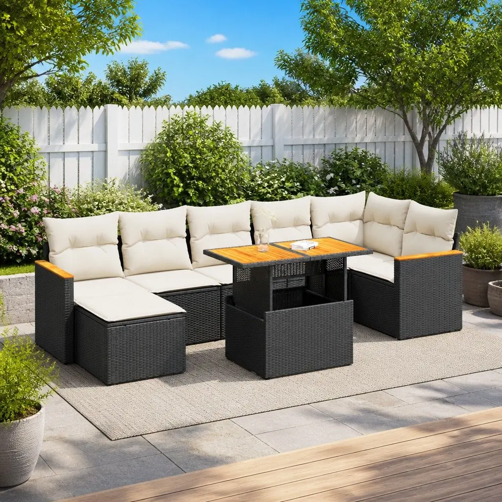 8 Piece Outdoor Garden Sofa Set with Storage Cushions Black Rattan Patio