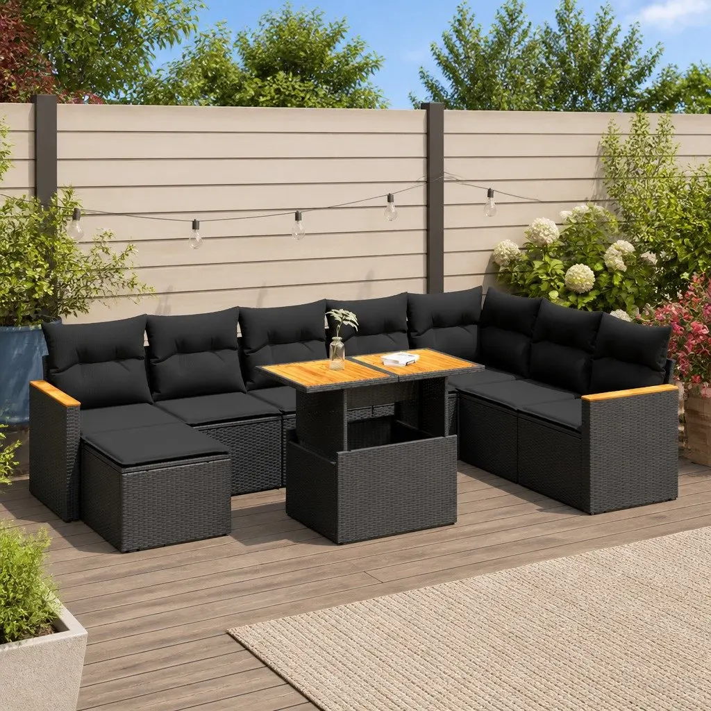 9 Piece Outdoor Garden Sofa Set Black Poly Rattan Patio Furniture with Storage