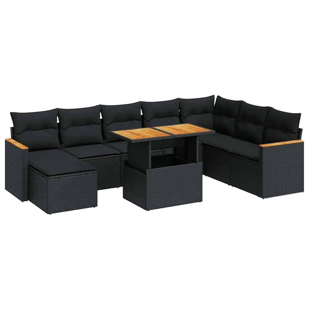 9 Piece Outdoor Garden Sofa Set Black Poly Rattan Patio Furniture with Storage