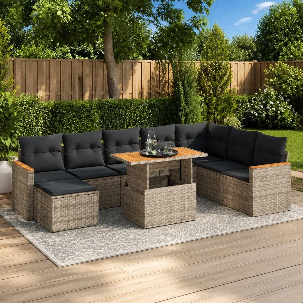 Garden Sofa Set 9 Piece Outdoor Furniture Grey Poly Rattan with Cushions