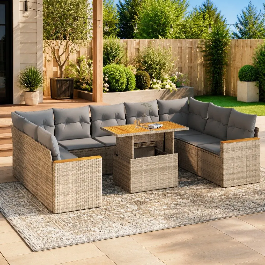 Garden Sofa Set Modular Outdoor Furniture 10 Piece Beige Rattan