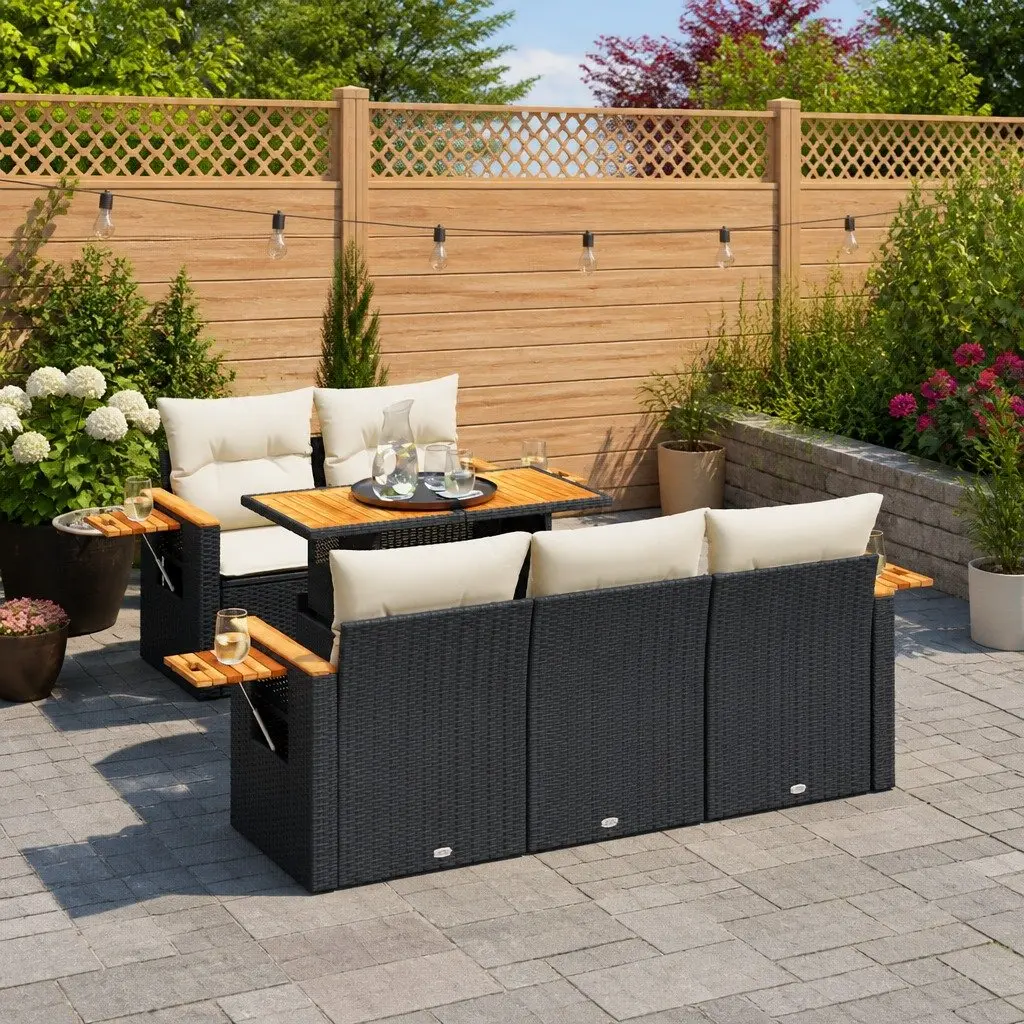 Garden Sofa Set 6 Piece Outdoor Furniture Modular Black Poly Rattan