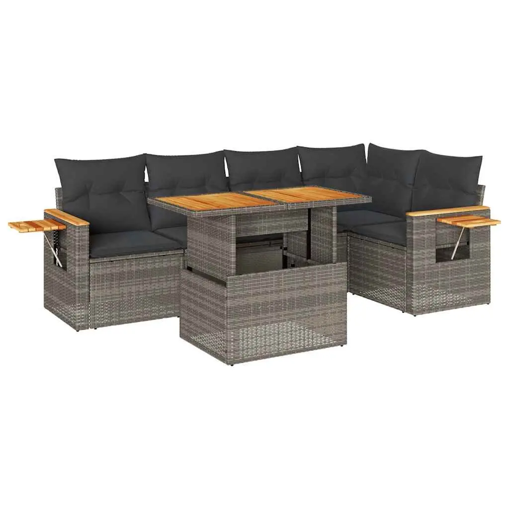 5 Piece Outdoor Furniture Set Grey Poly Rattan Garden Sofa with Cushions and Storage Space