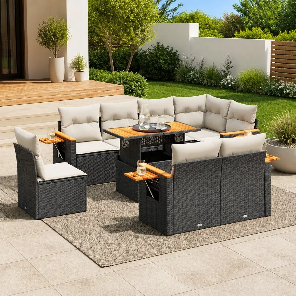 Garden Sofa Set 9 Piece Outdoor Furniture Black Poly Rattan with Cushions
