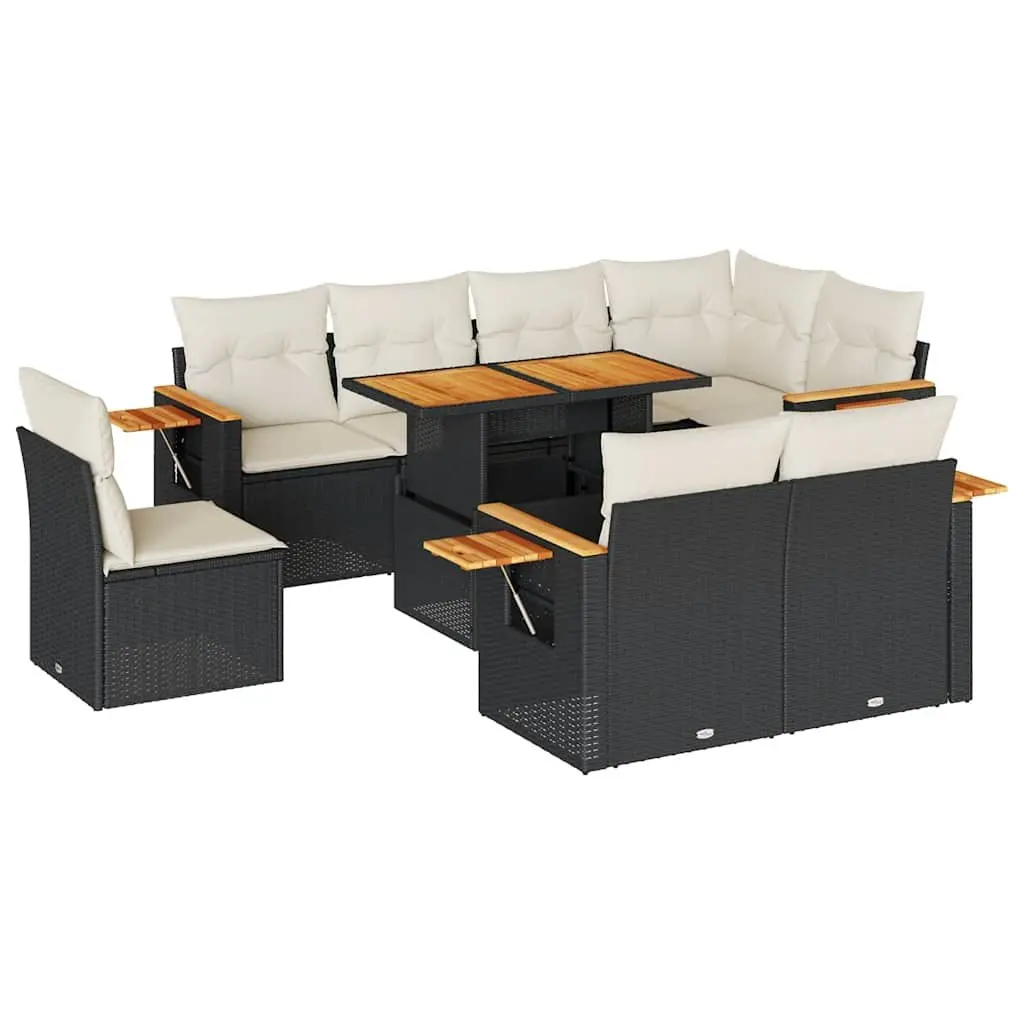 Garden Sofa Set 9 Piece Outdoor Furniture Black Poly Rattan with Cushions