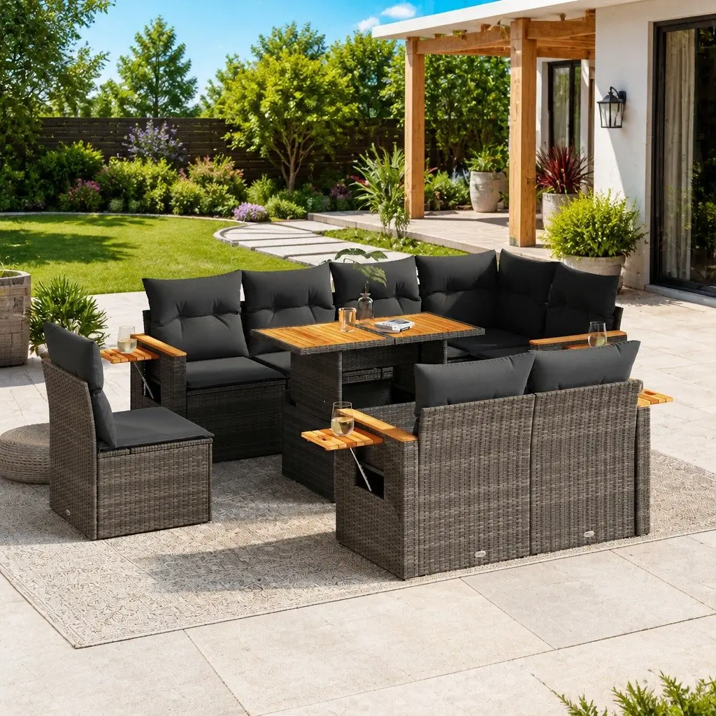 Garden Sofa Set 9 Piece Outdoor Furniture Grey Poly Rattan Cushions Storage