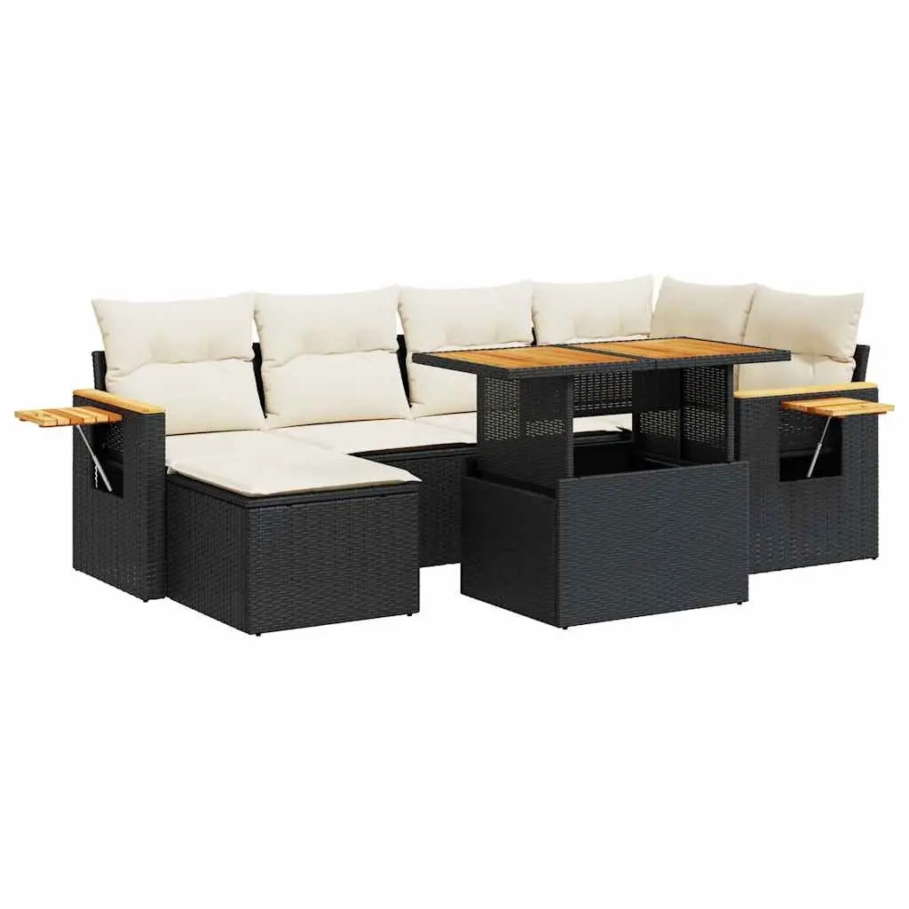 7 Piece Garden Sofa Set Outdoor Furniture Black Poly Rattan with Cushions