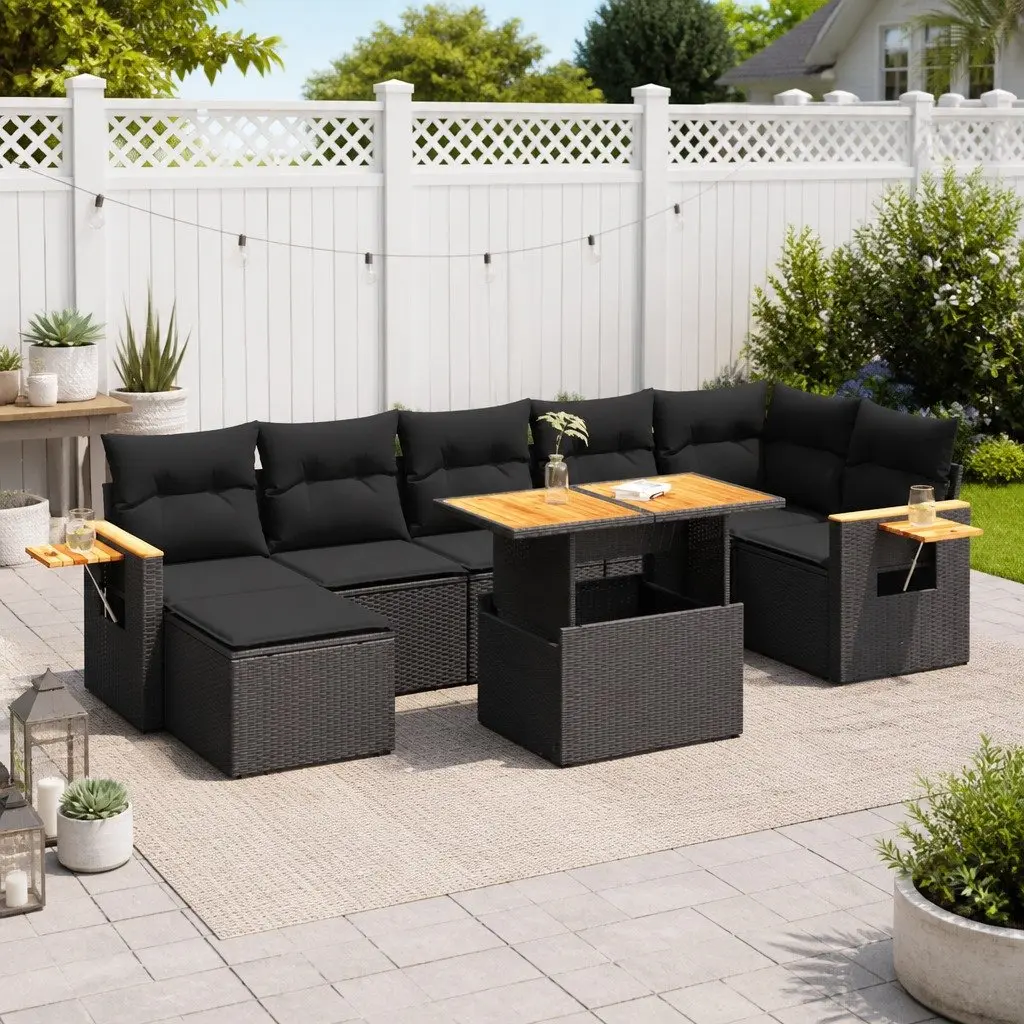 Outdoor Furniture Set 8 Piece Modular Garden Sofa Black Poly Rattan with Storage Compartments and Removable Cushion Covers