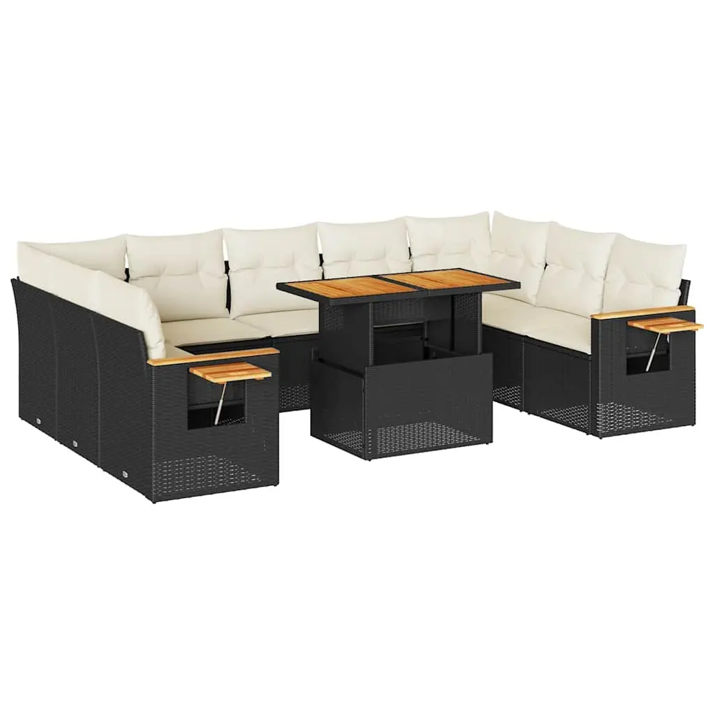 Garden Sofa Set 10 Piece Outdoor Furniture Black Poly Rattan with Cushions