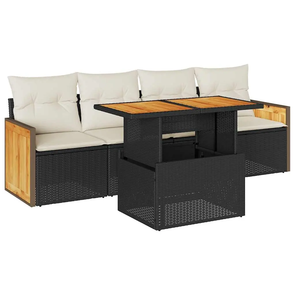 5 Piece Garden Sofa Set with Storage Cushions Black Poly Rattan Outdoor