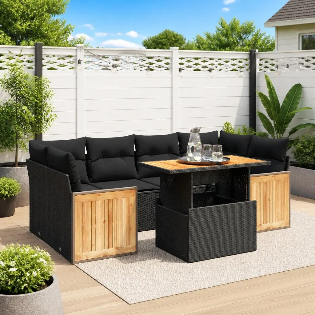 7 Piece Garden Sofa Set Outdoor Furniture Black Poly Rattan Cushions
