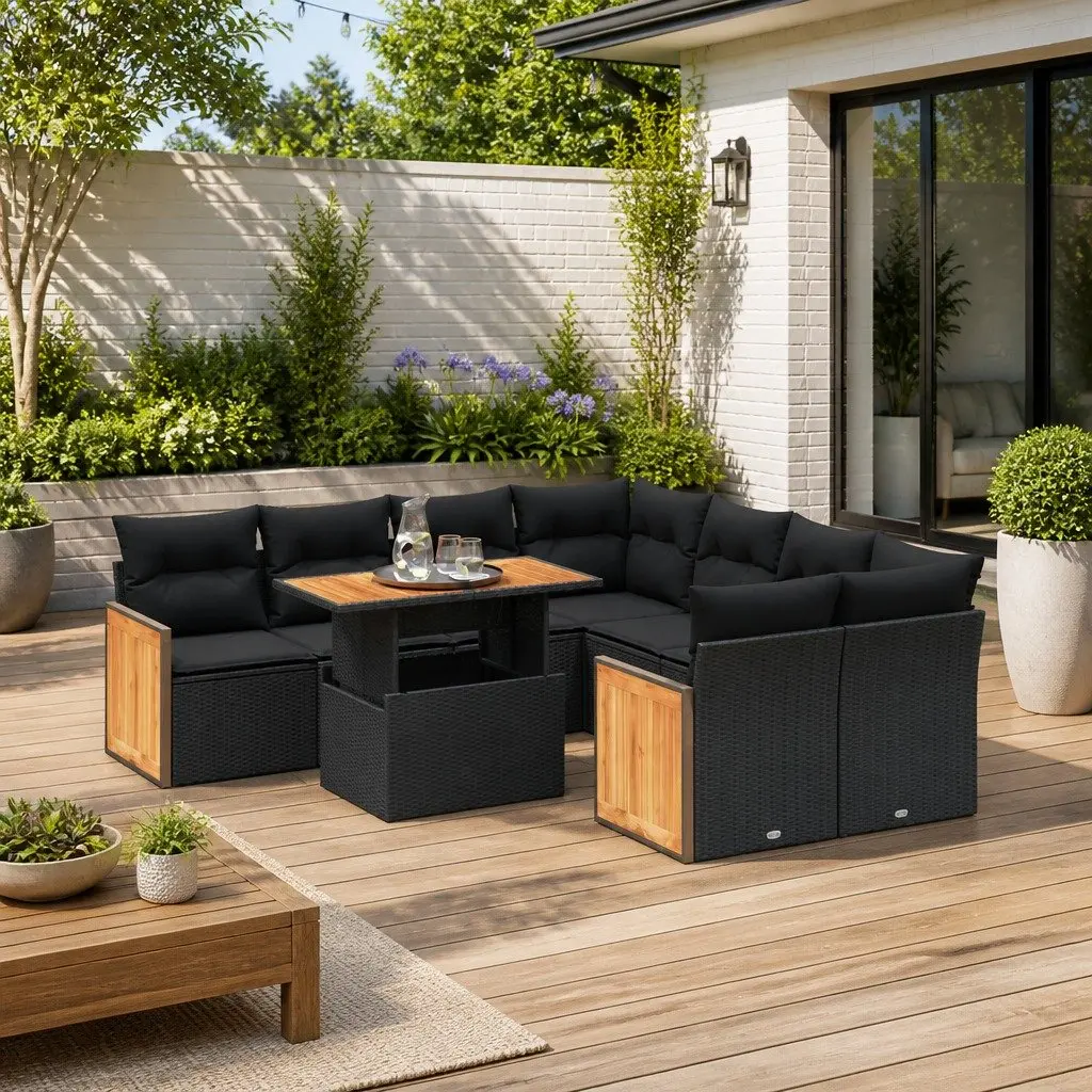 Garden Sofa Set 9 Piece Outdoor Furniture Patio Black Poly Rattan with Cushions