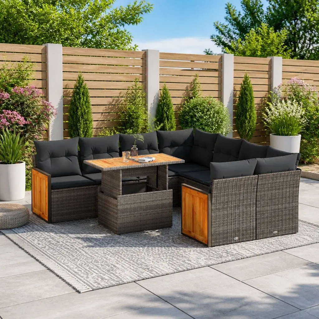 Garden Sofa Set 9 Piece Outdoor Furniture Modular Grey Poly Rattan Patio Seating