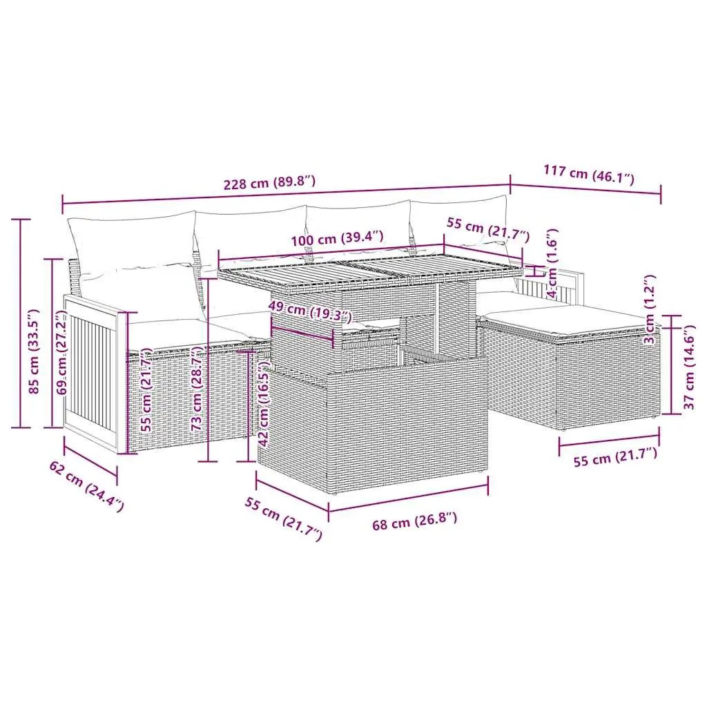 Garden Sofa Set Modular Outdoor Furniture 6 Piece Black Rattan Patio Seating