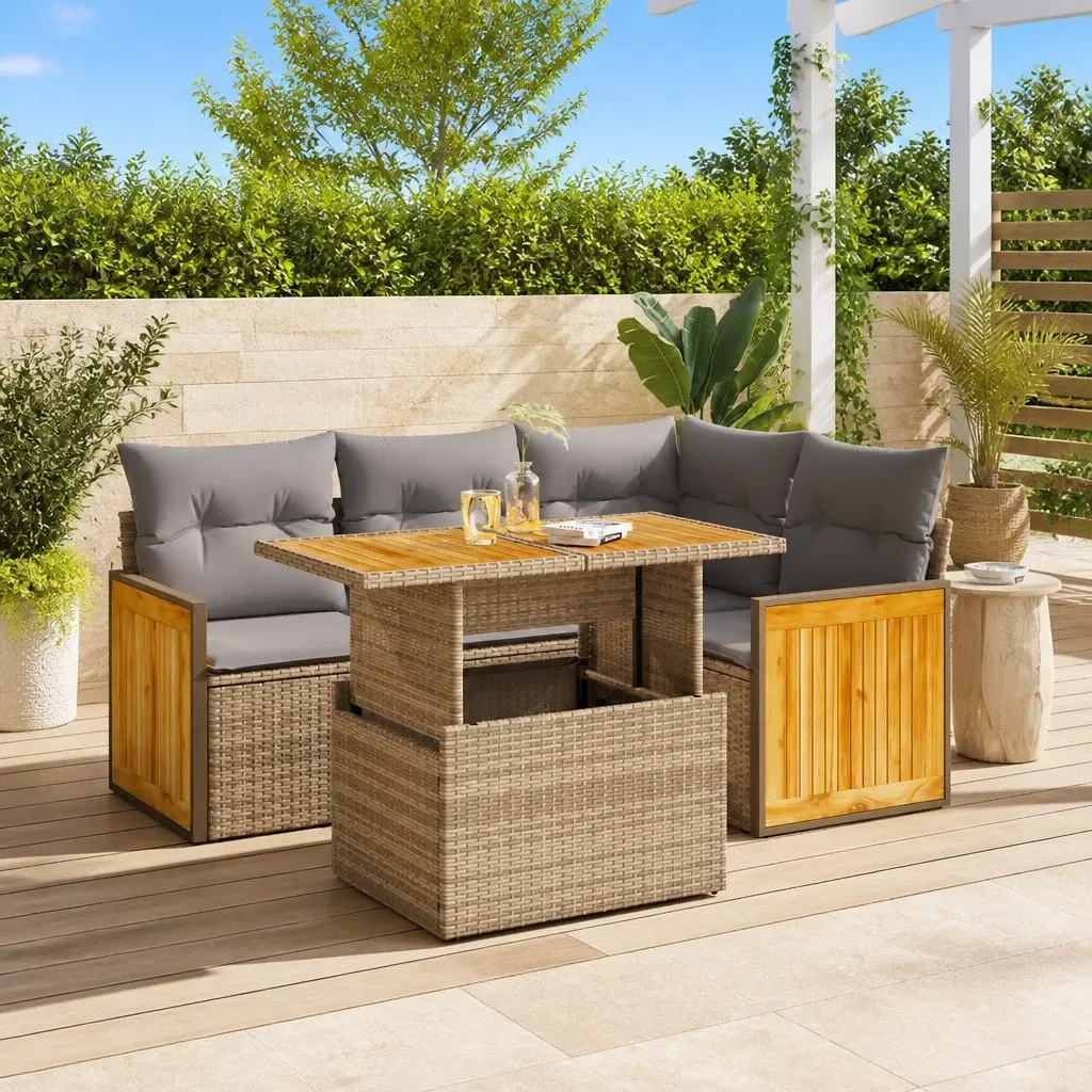 5 Piece Outdoor Garden Sofa Set Beige Poly Rattan Modular Furniture with Cushions