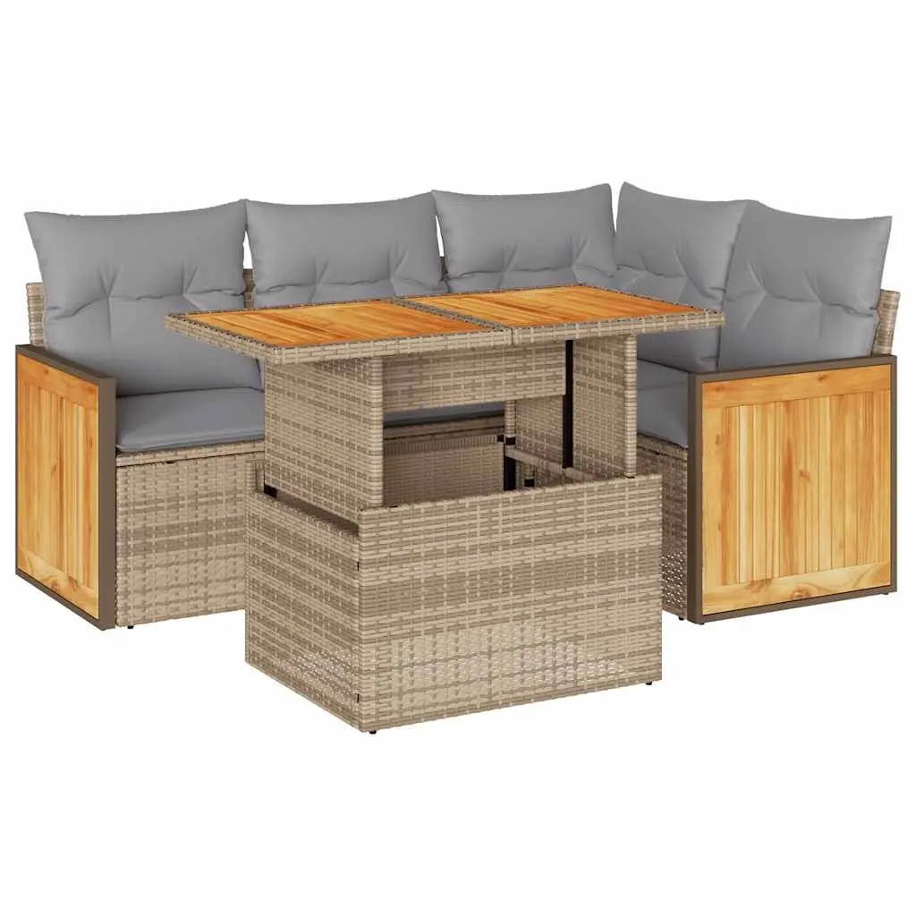 5 Piece Outdoor Garden Sofa Set Beige Poly Rattan Modular Furniture with Cushions