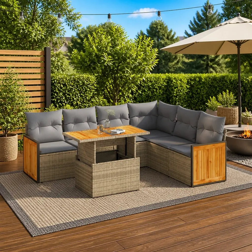 7 Piece Garden Sofa Set Outdoor Furniture Beige Cushions Poly Rattan