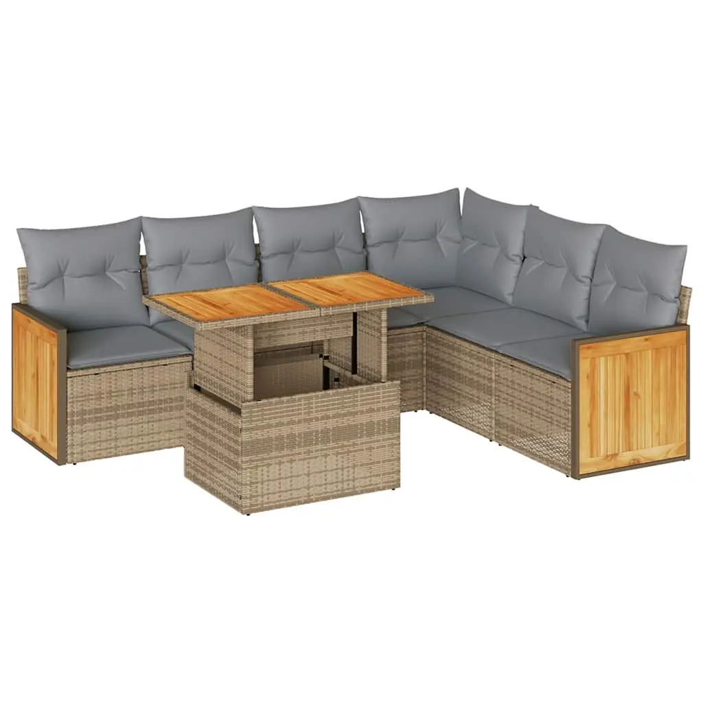 7 Piece Garden Sofa Set Outdoor Furniture Beige Cushions Poly Rattan
