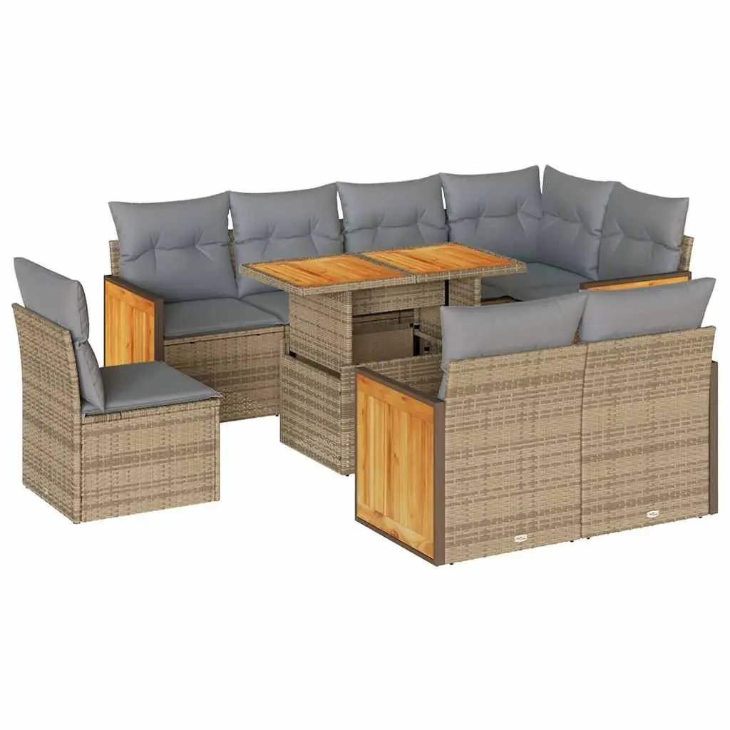 Outdoor Furniture Set 9 Piece Modular Garden Sofa Beige Poly Rattan with Cushions for Patio and Terrace